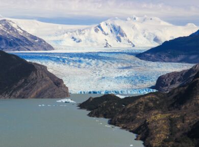 birds eye view of the grey glacier in the torres del paine national park